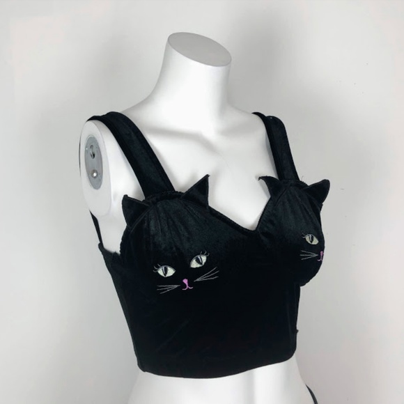 Tops - Bustier Crop Top Black Velvet Cat Lover Tank
